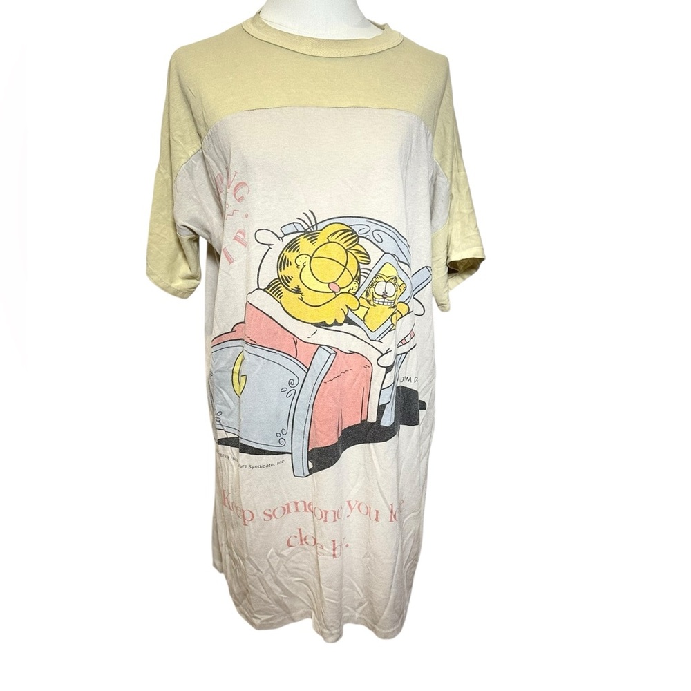 *Vintage 1978 * Flirts Garfield Graphic Unisex Yellow & Cream Tee XXL Extra Long
